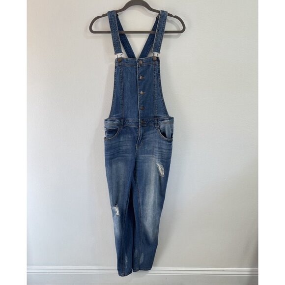 Forever 21 F21 Overalls L Denim Jean Stretch Dark Wash Distressed Pockets - Picture 1 of 10